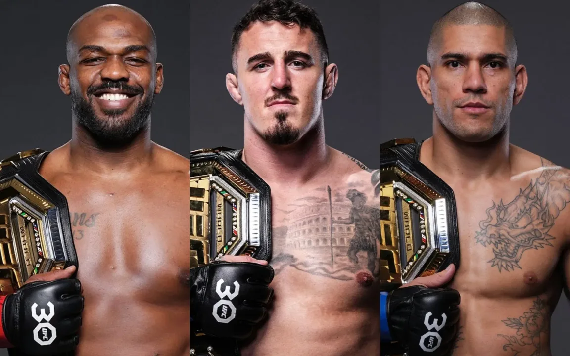 Jon Jones (L), Tom Aspinall (M), Alex Pereira (R)