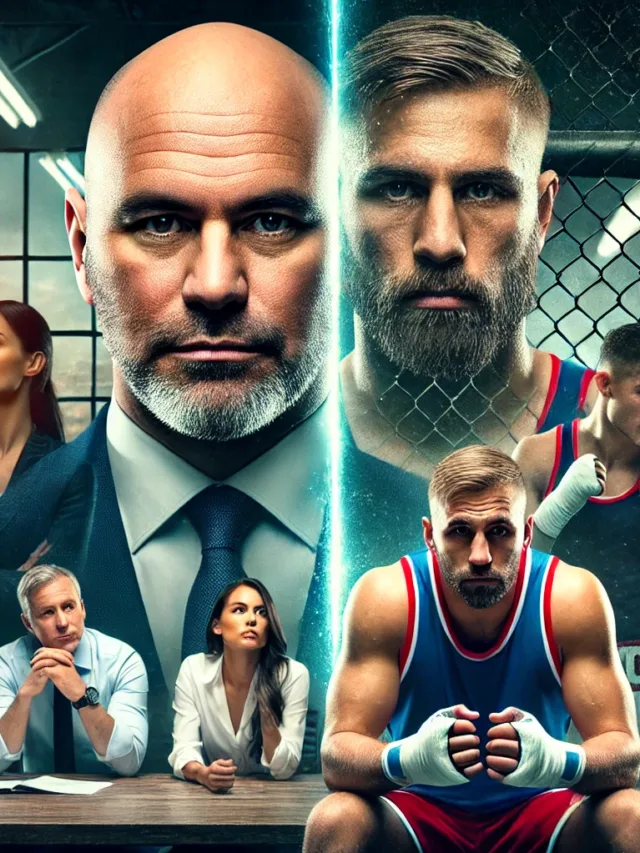DALL·E 2025-03-22 17.33.30 - A dramatic split-screen image featuring Dana White on one side, looking confident in a business setting, and a group of frustrated boxers on the other